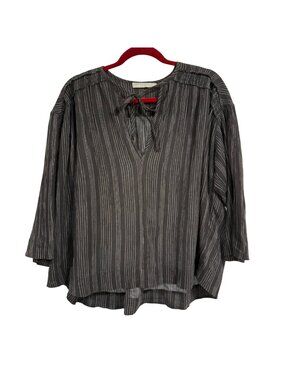 Vince Black Gray Striped Raw Hem Boho Peasant Style Blouse Size L